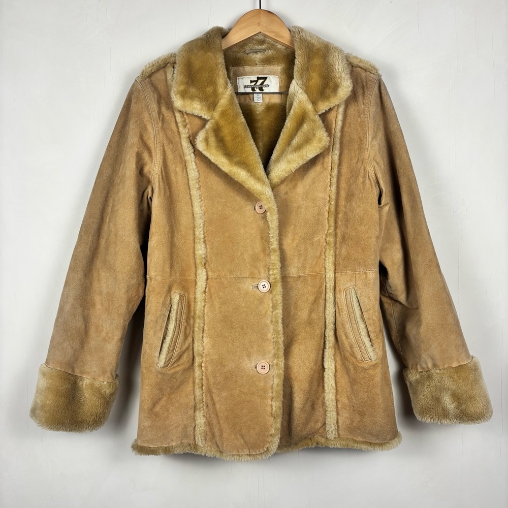 Y2K Vintage Seventy Seven Suede Leather Jacket Faux Fur Lining L Penny Lane Boho